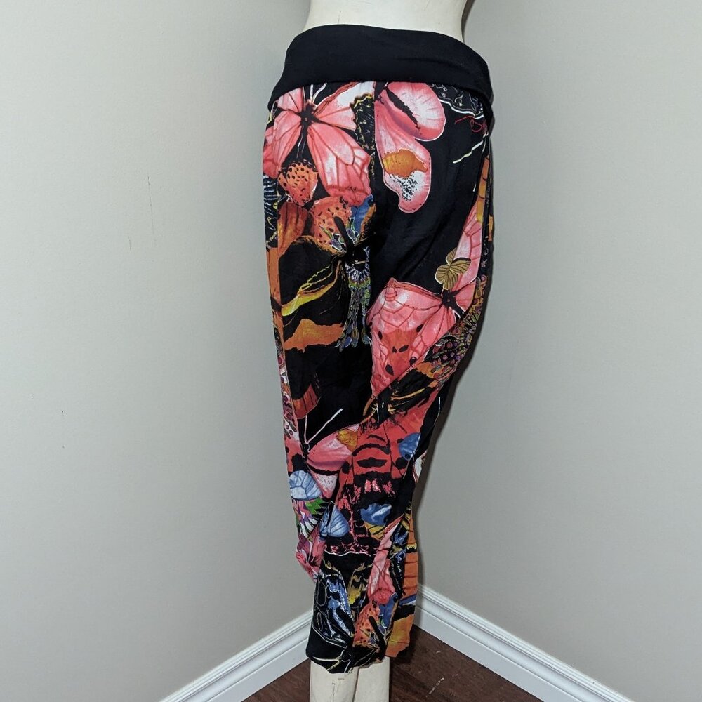 Desigual Butterfly Floral Foldover Waist Cropped Pants EU 34 Black Multicolor - Picture 6 of 13